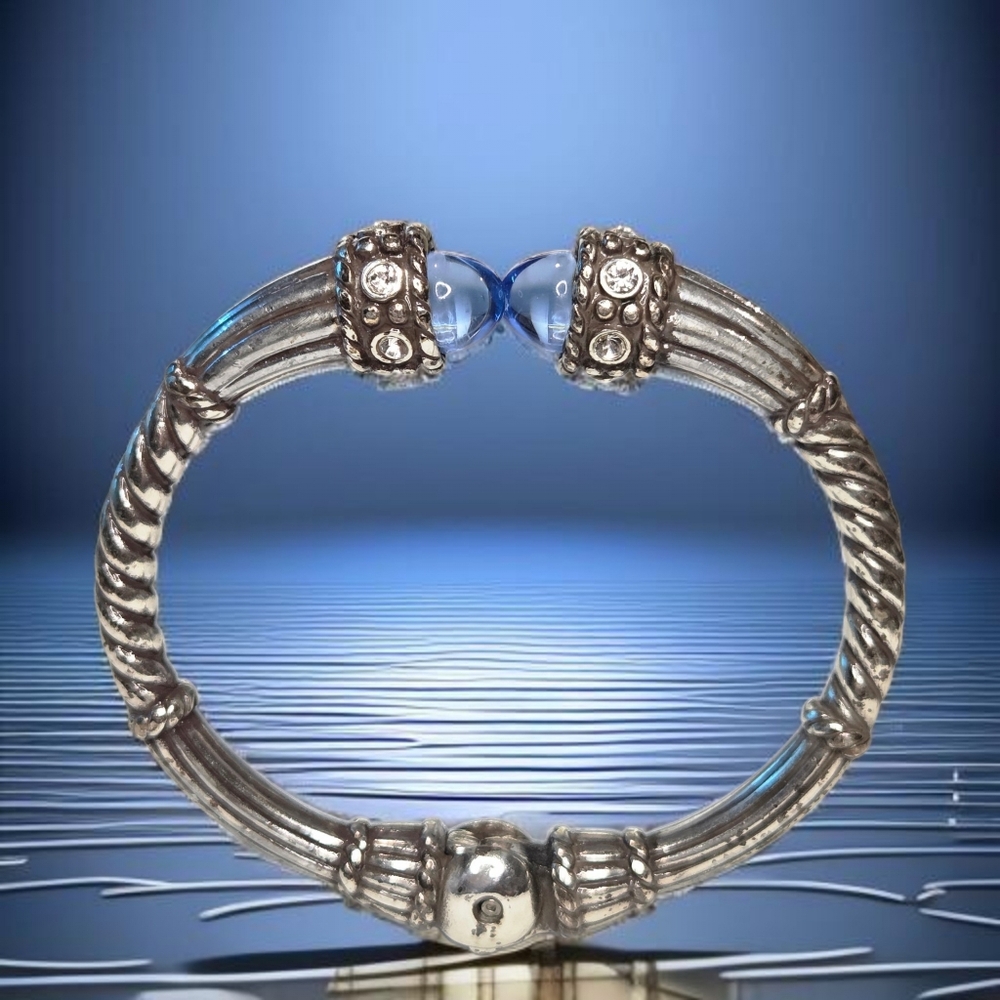 Ornate Silver Glass Aquamarine High Domed Cabochon Twisted Cable Bangle Bracelet